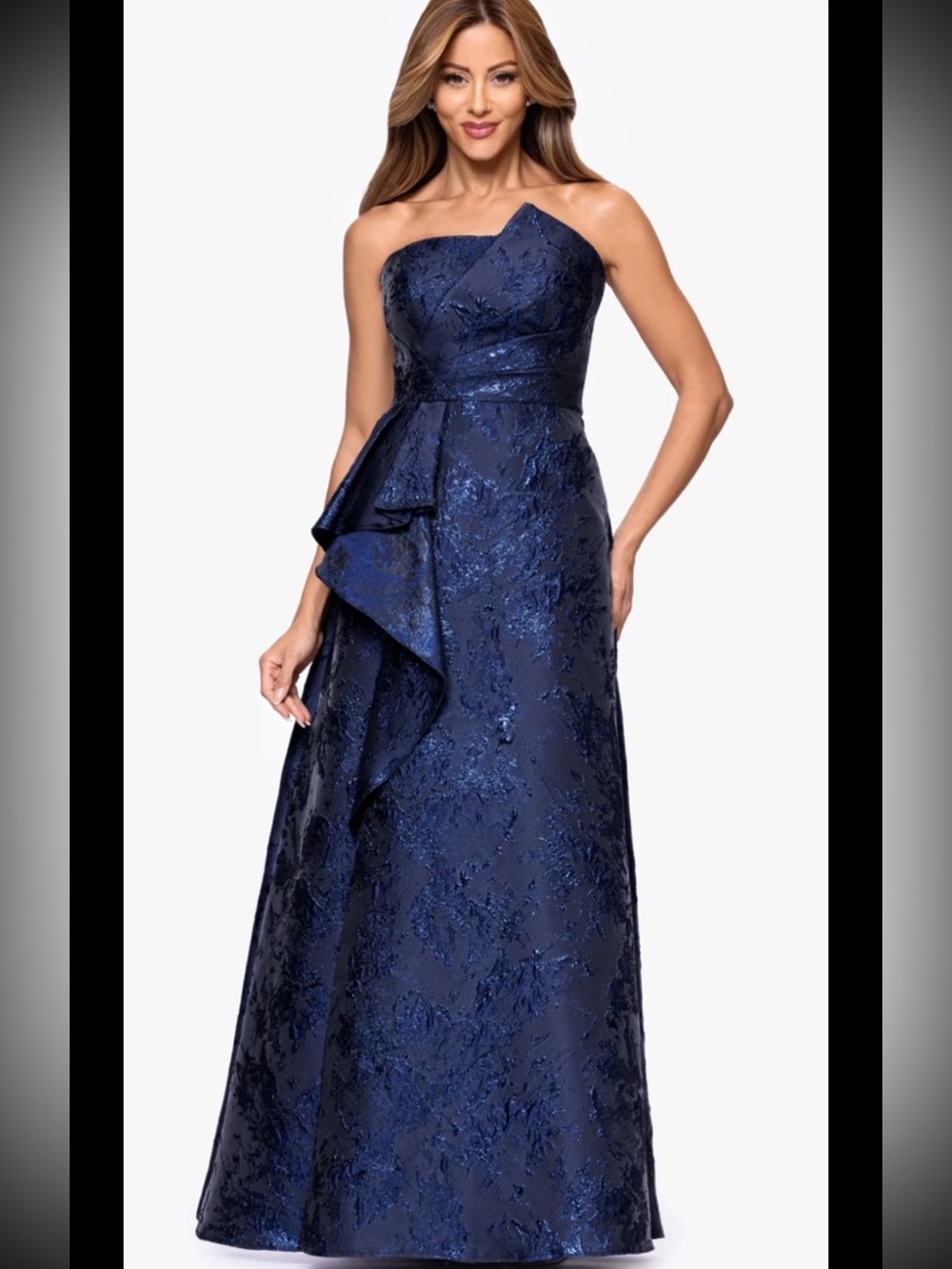 Xscape “EMELIA" MetallicBROCADE STRAPLESS RUFFLE DRESS,sz10, Navy,NewWithout Tag